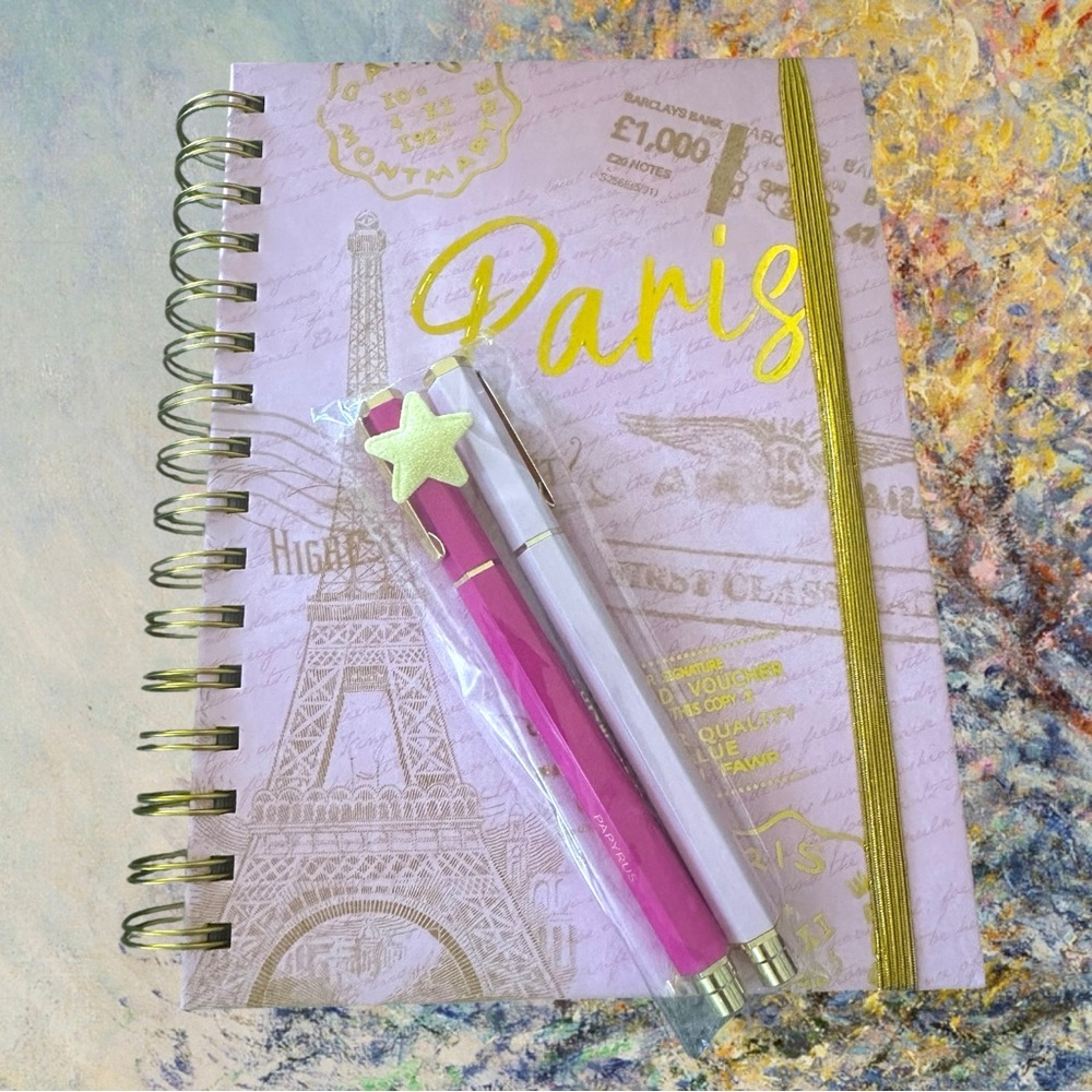 Paris Themed Pink & Gold 320 page Notebook with Papyrus Pink & Gold Pen Set - Picture 10 of 16